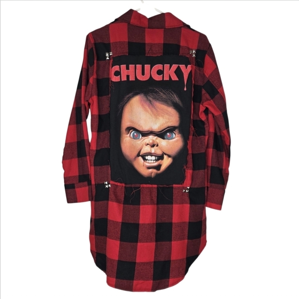 Boneyard Threadz Red & Black Plaid Flannel Mini Dress W/Chucky Graphic Small